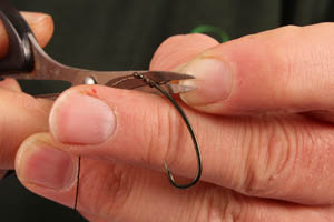 Step 2. Trim off excess as the hookbait will be mounted on a rig ring, not a hair.