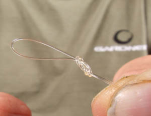 Tie a simple figure of eight knot in the end of the fluorocarbon for ease of attaching the rig.