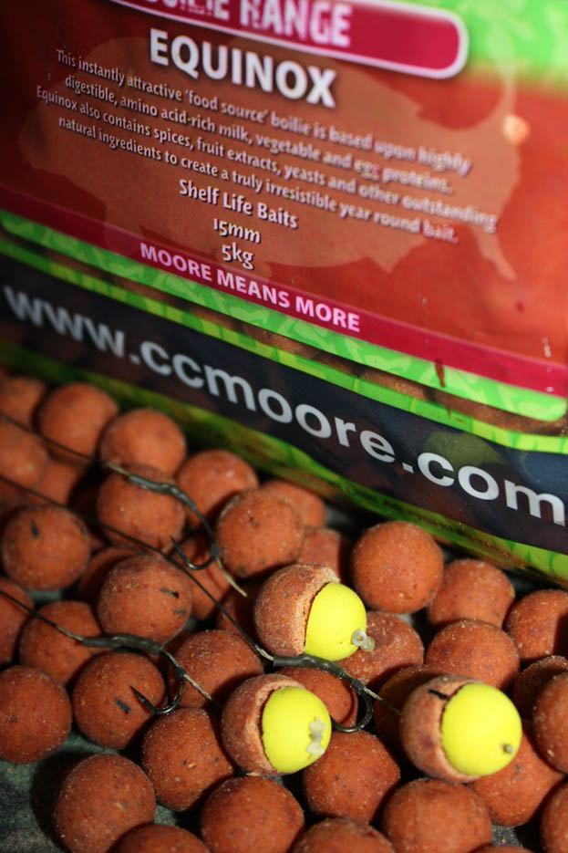 The hook bait was a 15mm Equinox boilie tipped with half of a CC Moore 12mm yellow Ns1 pop up.