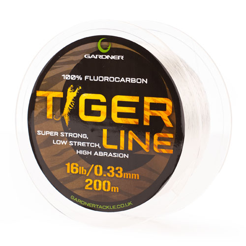 A spool of Tiger Line fishing line, 16lb/0.33mm, 200m, labelled as 100% fluorocarbon and featuring super strength, low stretch, and high abrasion resistance.