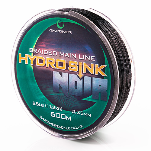 A spool of Hydro-Sink Noir Braided Main Line by Gardner, 25lb (11.3kg), 0.35mm diameter, 600m length. The green label features bold yellow and silver text.