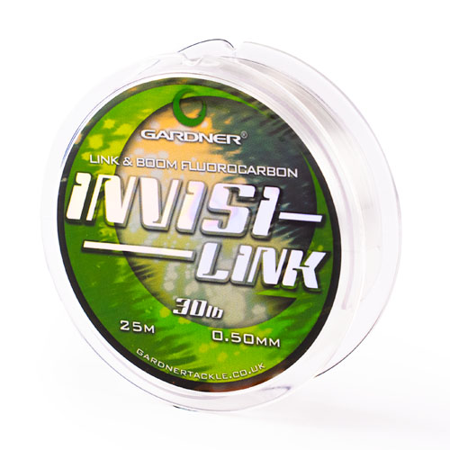 A clear plastic spool of Invisi-Link fluorocarbon fishing line with a green and black label displaying 25m, 30lb, and 0.50mm in white text; the line is visible through the packaging.