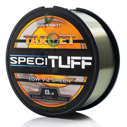 A spool of Target SpeciTUFF fishing line in Low Viz Green, 8lb (3.6kg) strength, 0.28mm diameter, and 300m length, featuring bold graphics and displayed on a white surface.