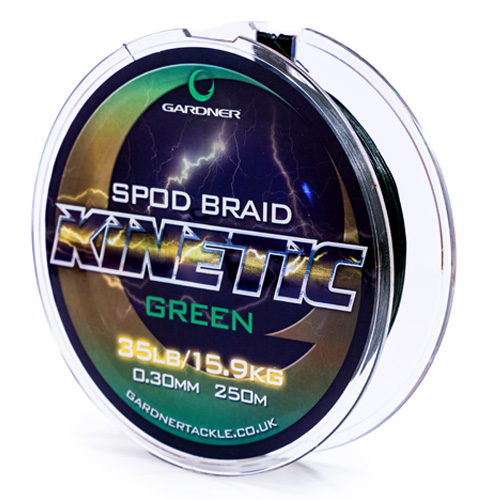 A spool of Kinetic Spod Braid fishing line, 35lb (15.9kg) strength, 0.30mm diameter, and 250m length, comes in packaging featuring a lightning-themed design.