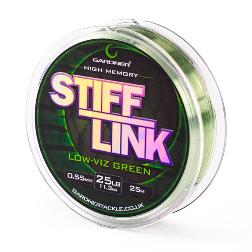 A clear spool of Gardner Stiff-Link fishing line labelled High Memory, Low-Viz Green, 0.55mm, 25lb, 25m, with gardnertackle.co.uk on the packaging.