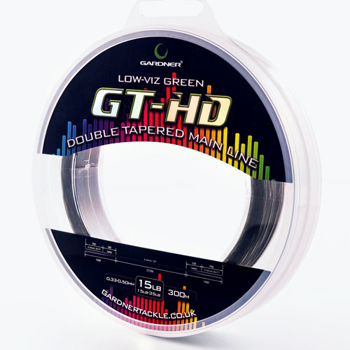 A spool of GT-HD Tapered fishing line in low-viz green, 15lb strength, 300m long, with vibrant graphic packaging.