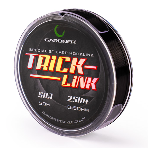 A 50m spool of Trick-Link Silt specialist carp hooklength line, 0.50mm diameter, 25lb+ breaking strain, in silt colour and supplied in a clear plastic case.
