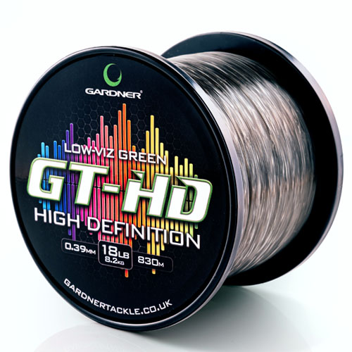 A spool of GT-HD 'High Definition' fishing line in Low Viz Green, 0.39mm diameter, 18lb (8.2kg) strength, 830m length; the label displays colourful soundwave graphics.