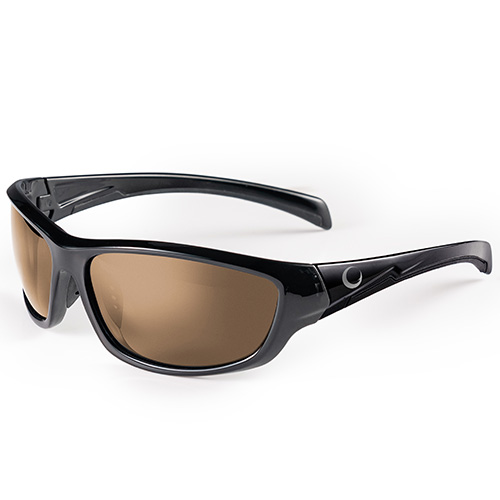 GPA - Gardner Polarised Amber Sunglasses with a glossy black wraparound frame, brown-tinted lenses, and a small circular metallic detail on the arms, shown against a white background.