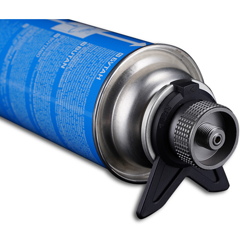 A close-up of a G-Force Euro Canister adaptor in blue, lying on its side with the metal valve and black tripod support visible at the nozzle. The label, featuring white text, wraps around most of the canister.