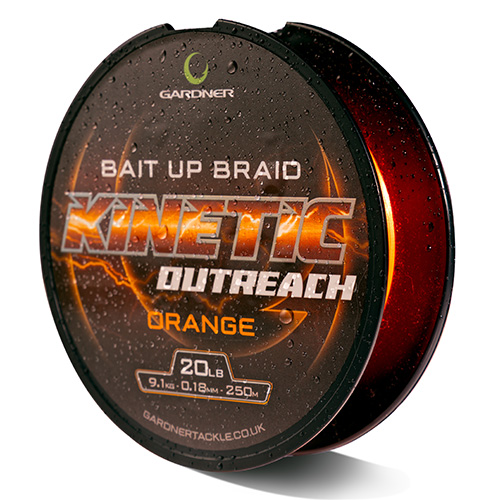 A spool of Kinetic Outreach Bait-up Braid fishing line, 20 lb strength, 0.18 mm diameter, 250 m length, in orange colour, with water droplets on its black and orange packaging.