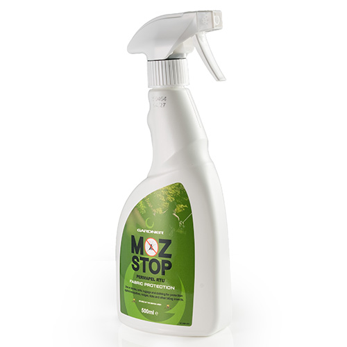 A 500ml white spray bottle labelled “Moz Stop Fabric Protection” with a green label, designed to protect fabric, is shown against a plain white background.