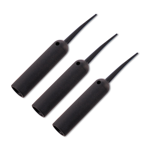 Three identical Chod and Heli Naked Tungsten Buffer Beads are aligned diagonally on a white background. Each bead is cylindrical in shape with a thin, tapered tip.