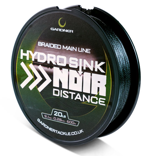 A spool of Hydrosink Noir Distance Braid fishing line, 20lb strength, 600m length, and 0.28mm diameter, with a dark reflective finish and bold white text on the label.
